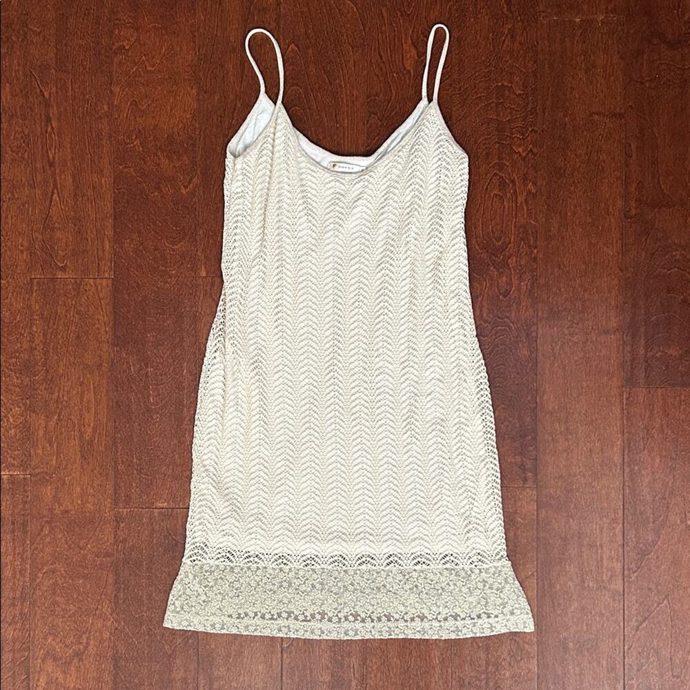 Maria Filó Cream Crochet Lace Mini Dress with Gold Metallic Accents, Size Medium